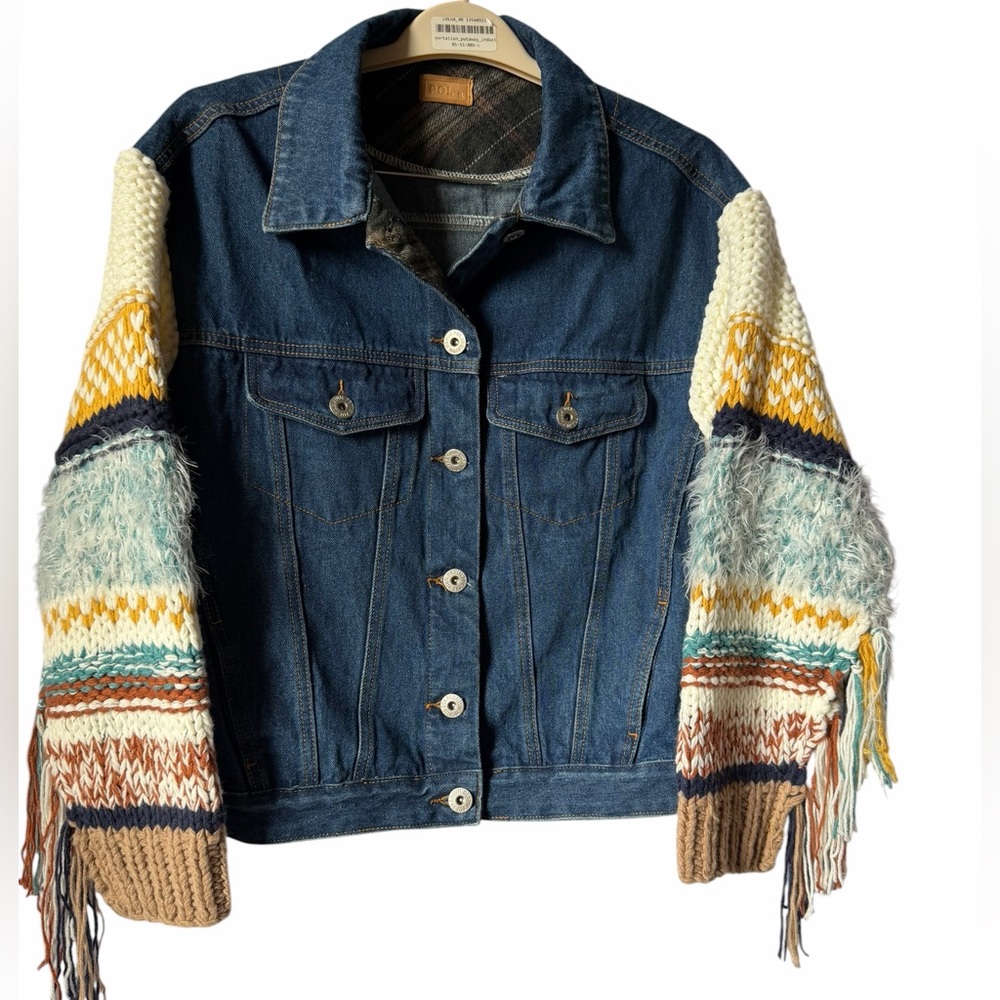 POL Denim Jacket with Multicolor Knit Fringe Sleeves Boho Festival Fall - Picture 3 of 7